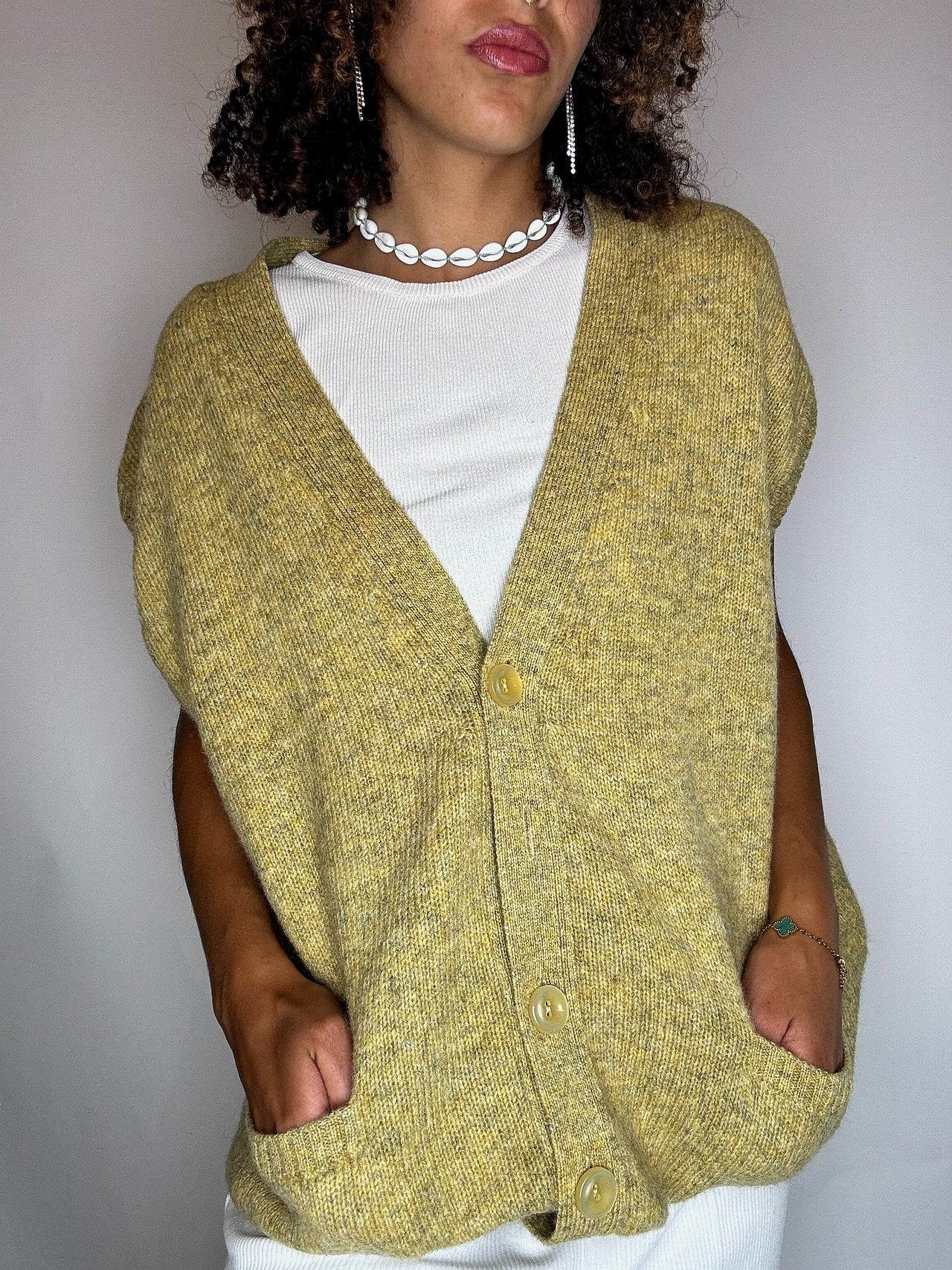 Gilet en laine jaune moutarde L vintage