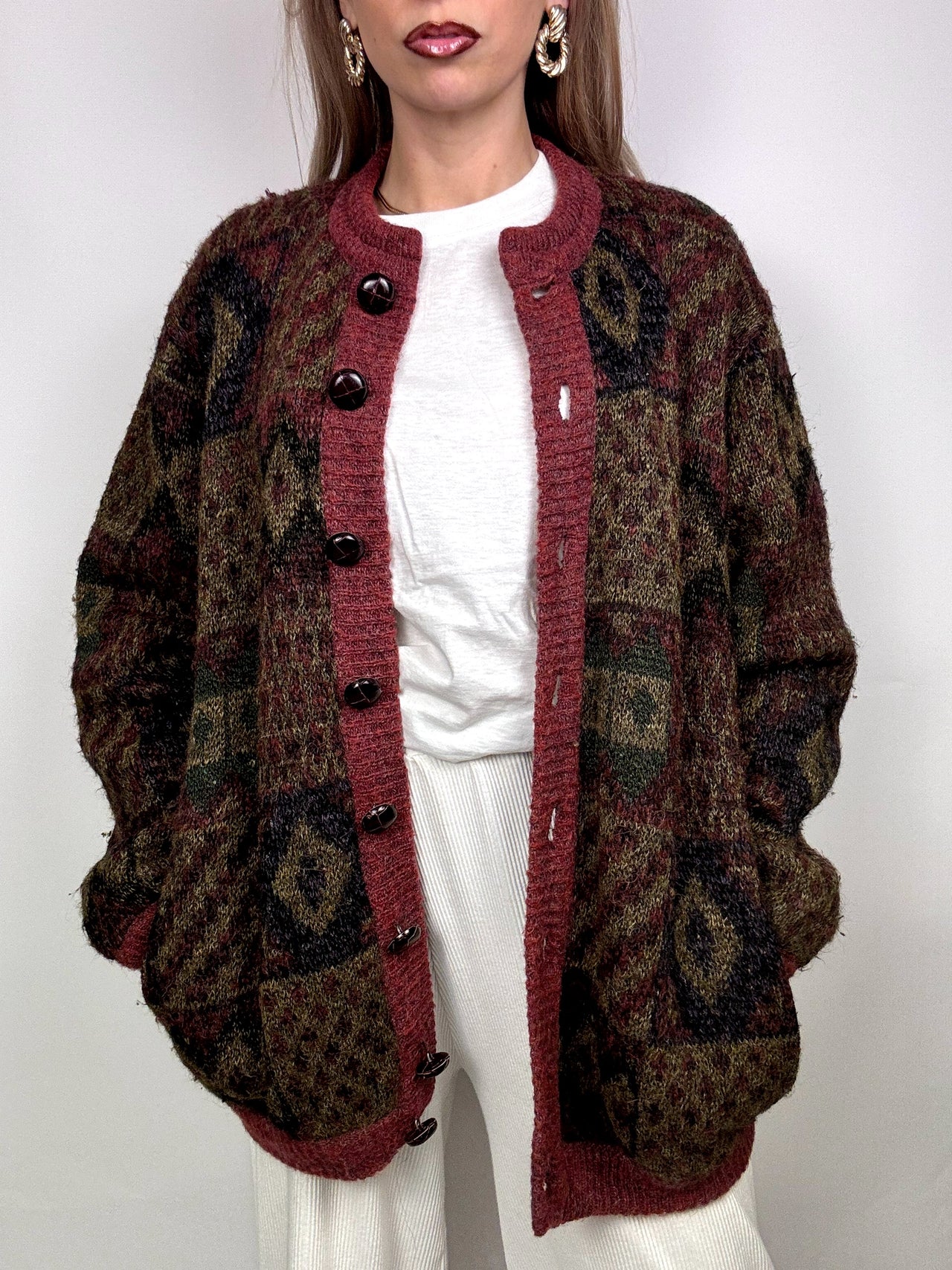 Bomber en laine bordeaux à motif XL vintage