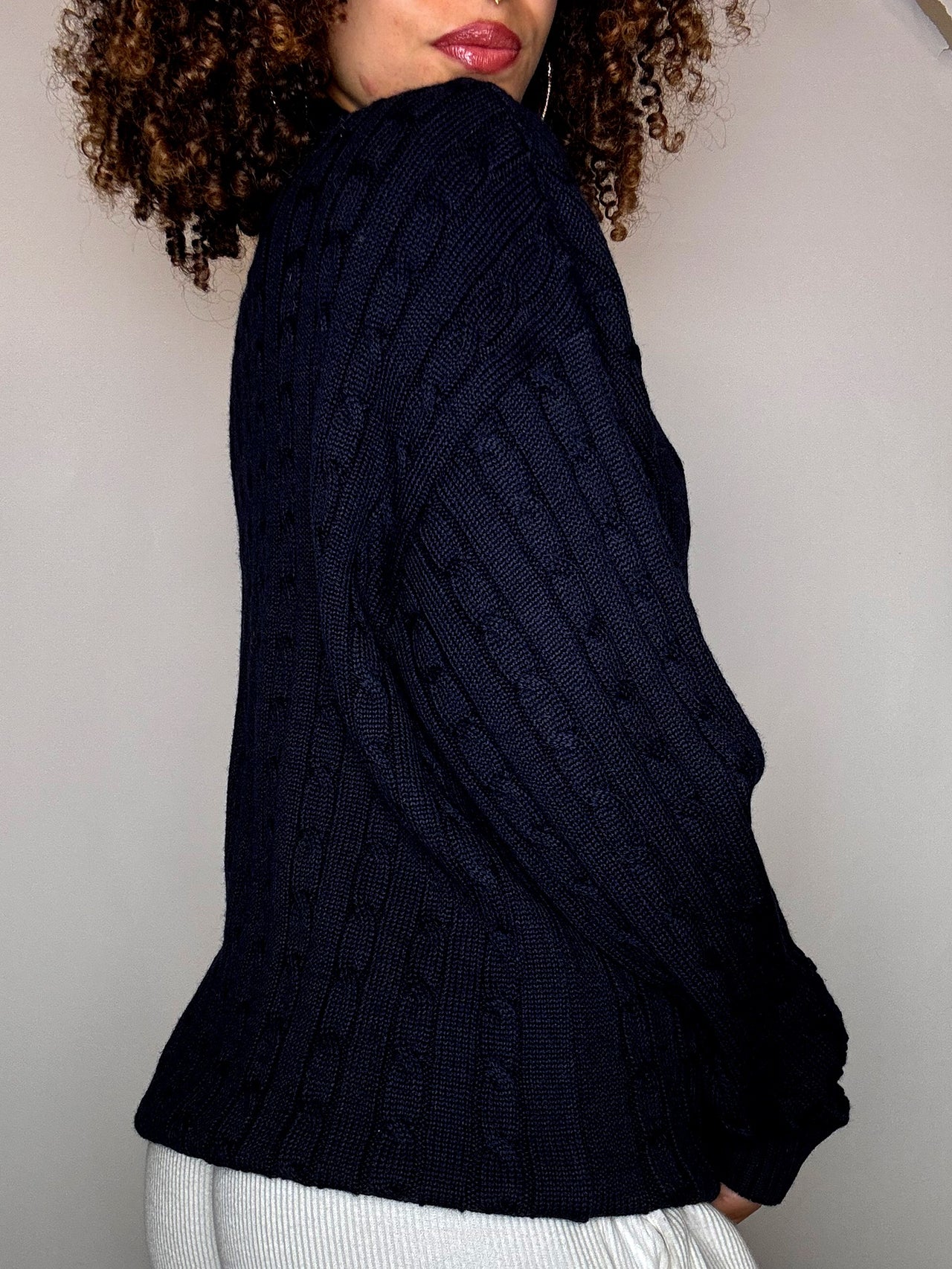 Cardigan en maille tressée marine XL vintage