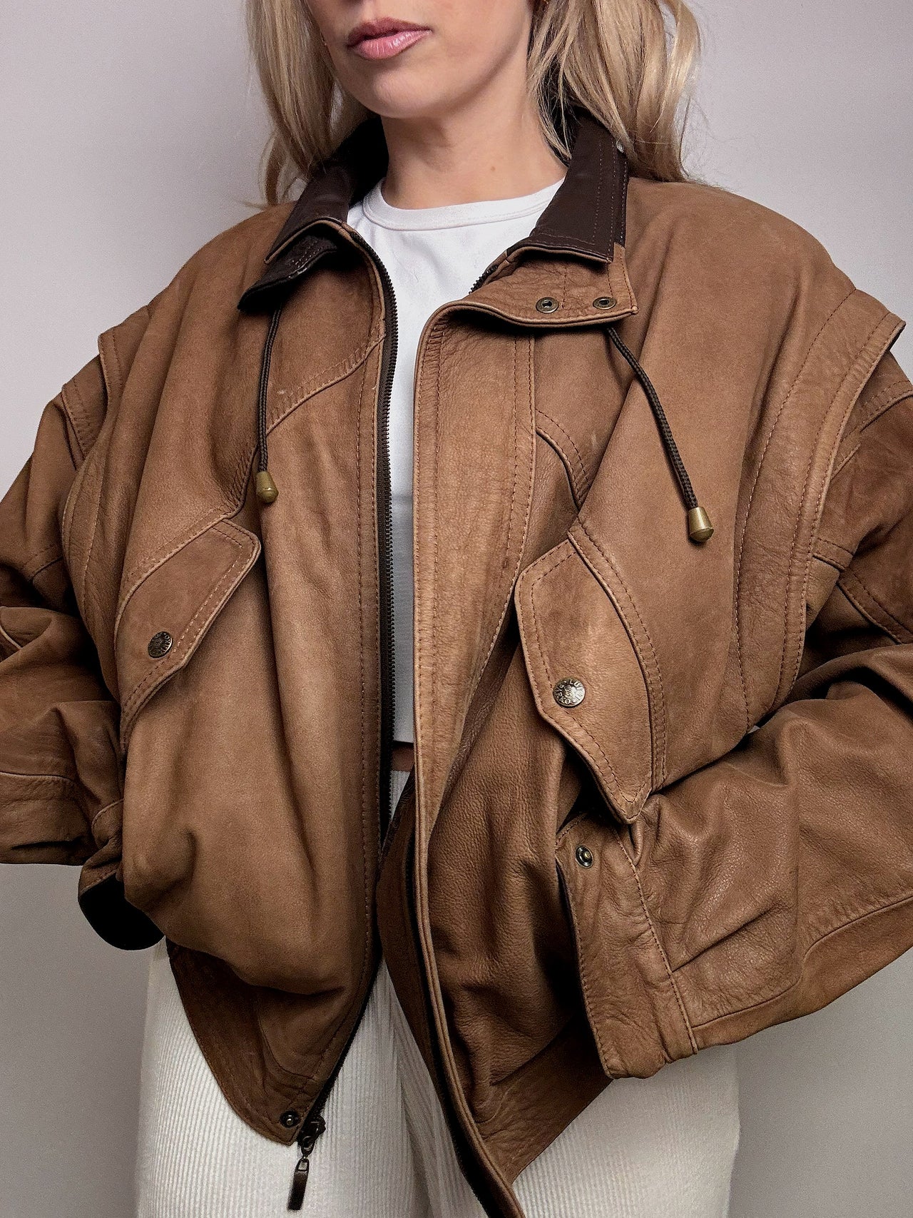 Blouson en cuir style aviator brun L vintage