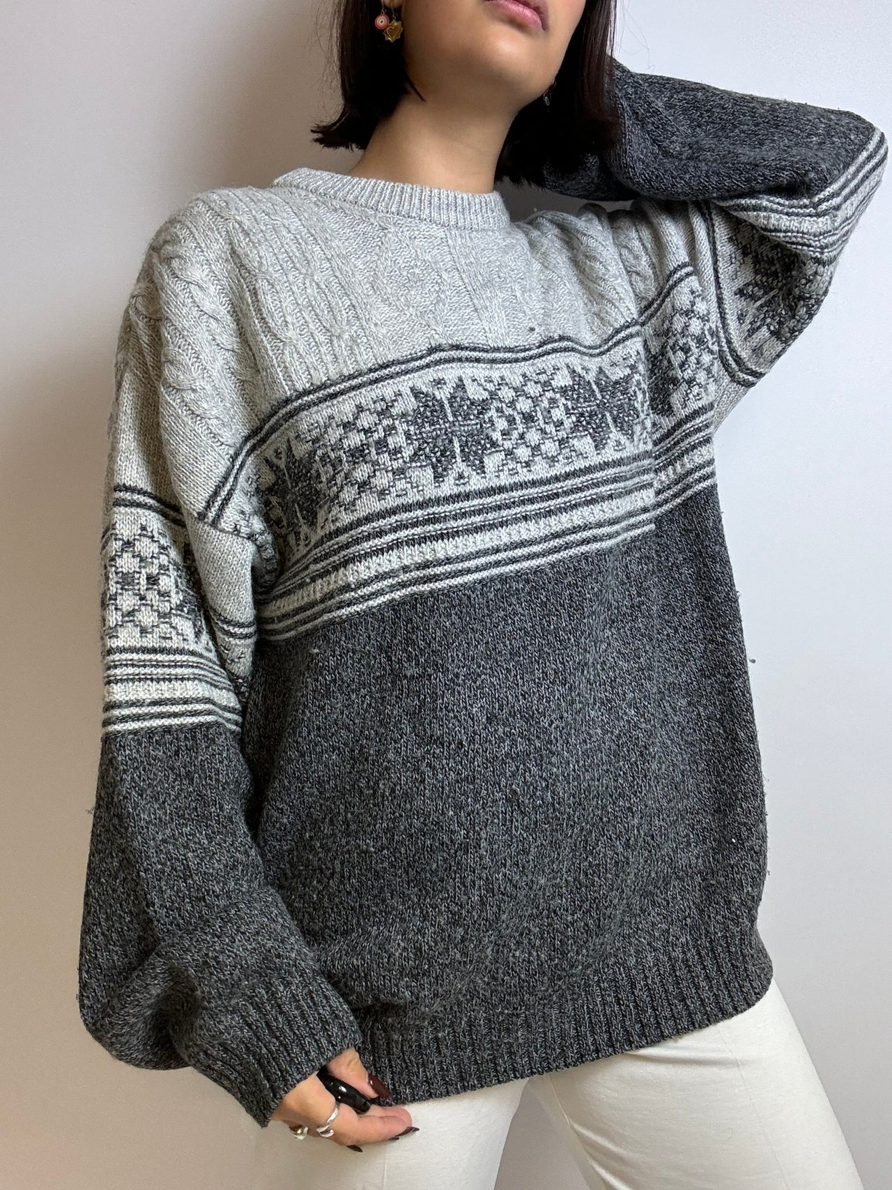 Pull en laine gris et blanc vintage L