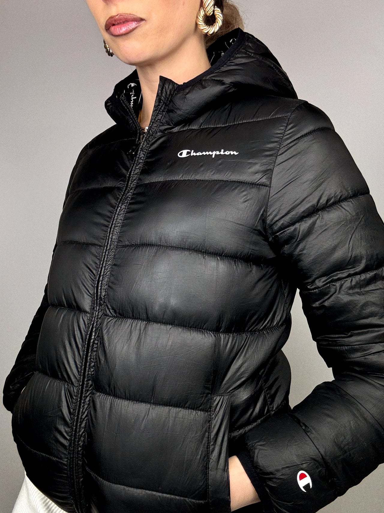 CHAMPION L vintage black fine puffy down jacket