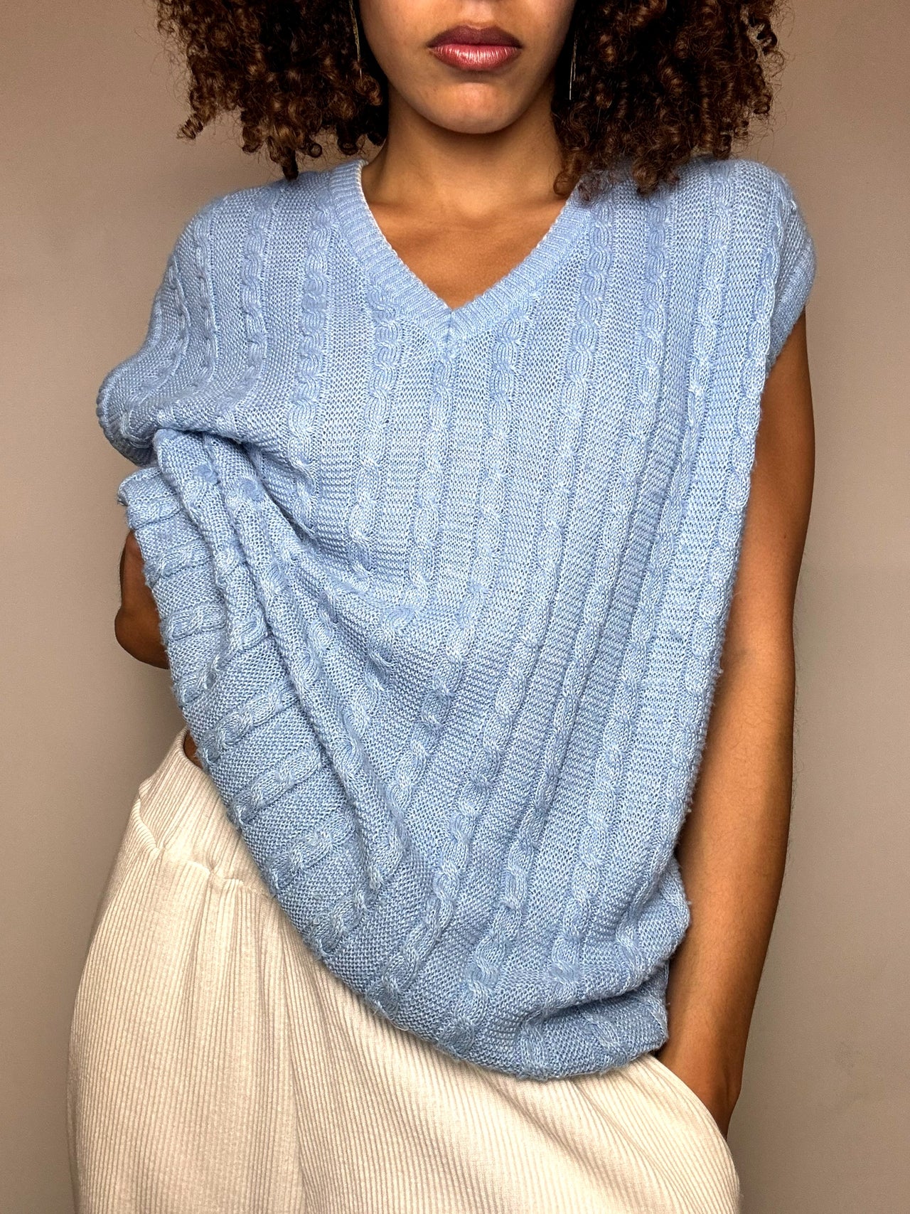 Gilet en maille tressée bleu M/L vintage