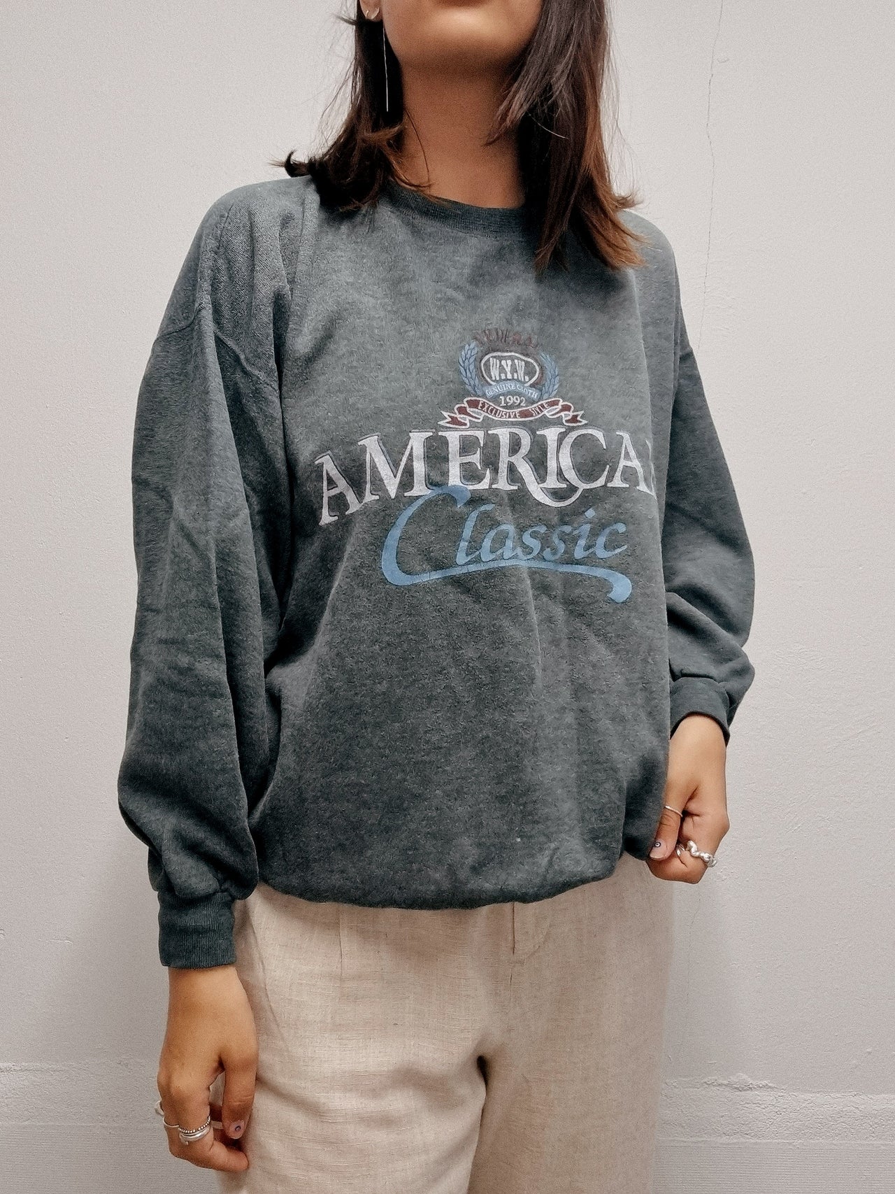 Pull vintage américain vert foncé/ gris L