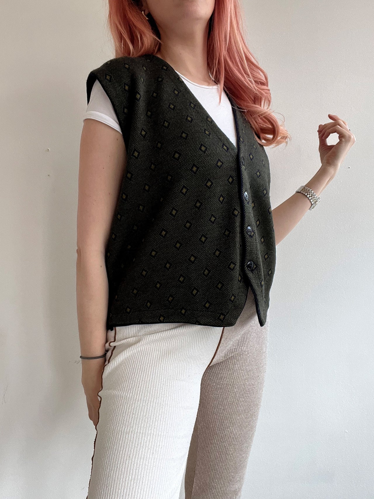 Black V-neck wool cardigan with pink/yellow pattern