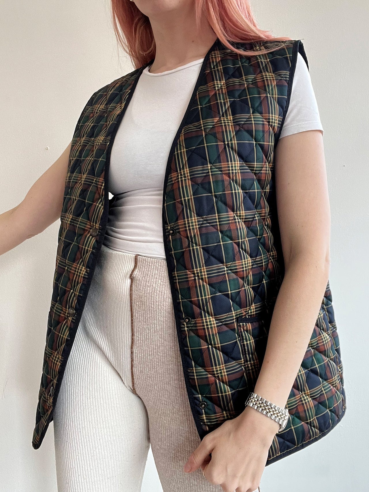 Veste vintage matelassée sans manches bleue à carreaux réversible M