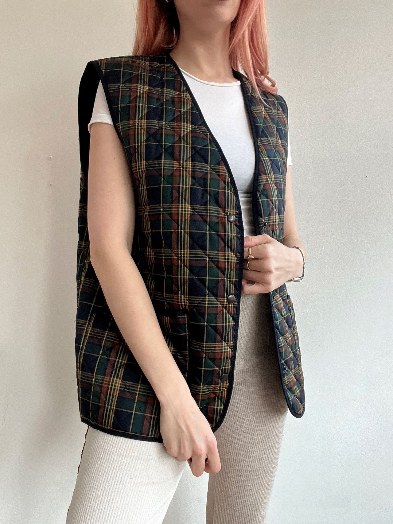 Veste vintage matelassée sans manches bleue à carreaux réversible M