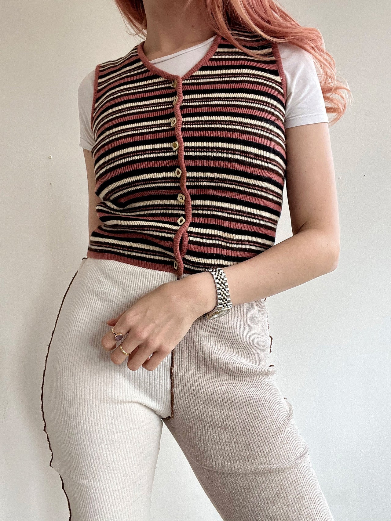 Black V-neck wool cardigan with pink/yellow pattern