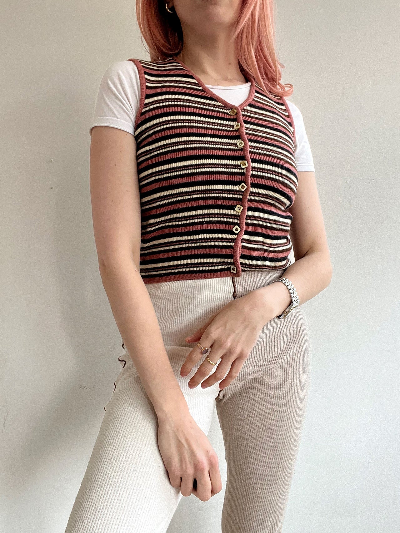 Black V-neck wool cardigan with pink/yellow pattern