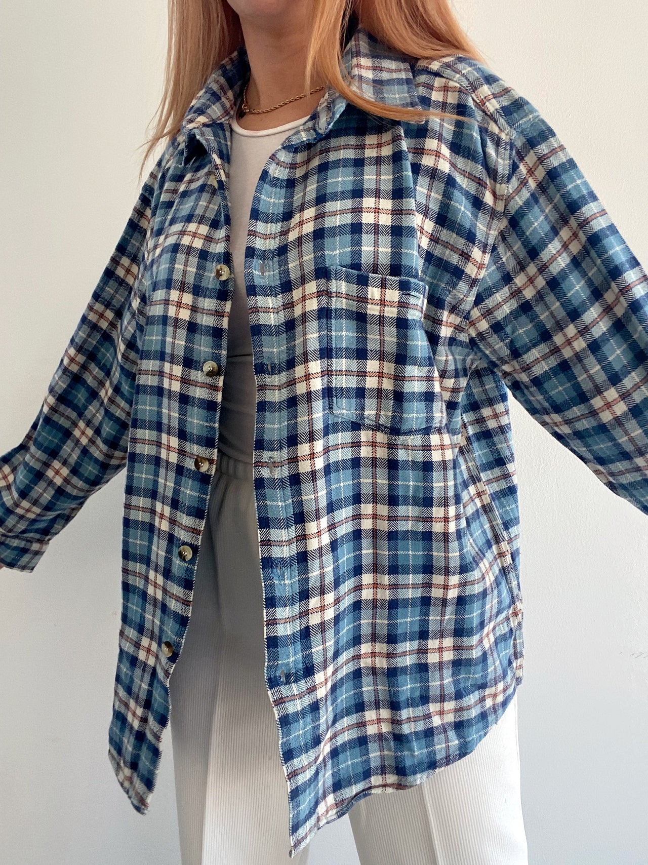 Chemise Vintage à carreaux bleue claire L