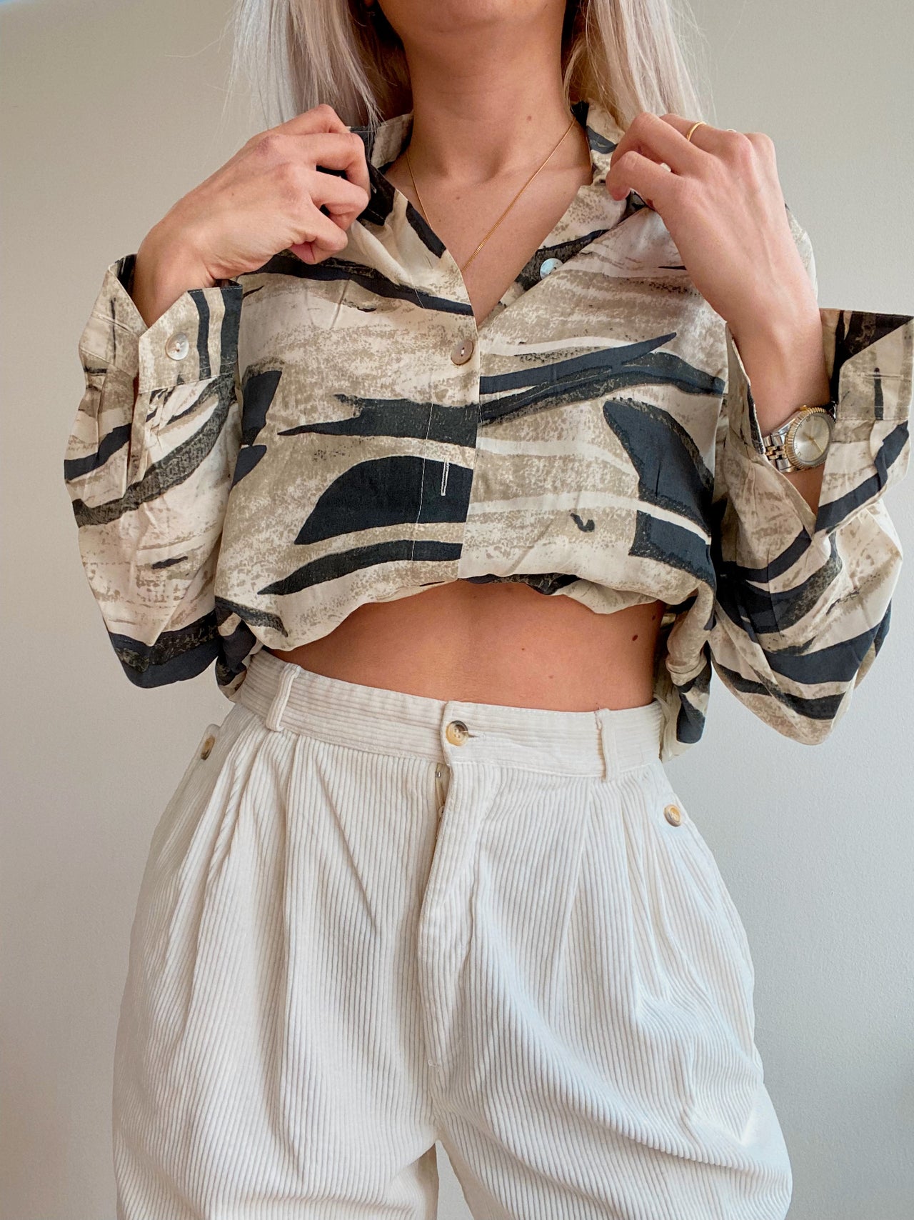 Vintage 80/90er Jahre beige gemustertes Hemd