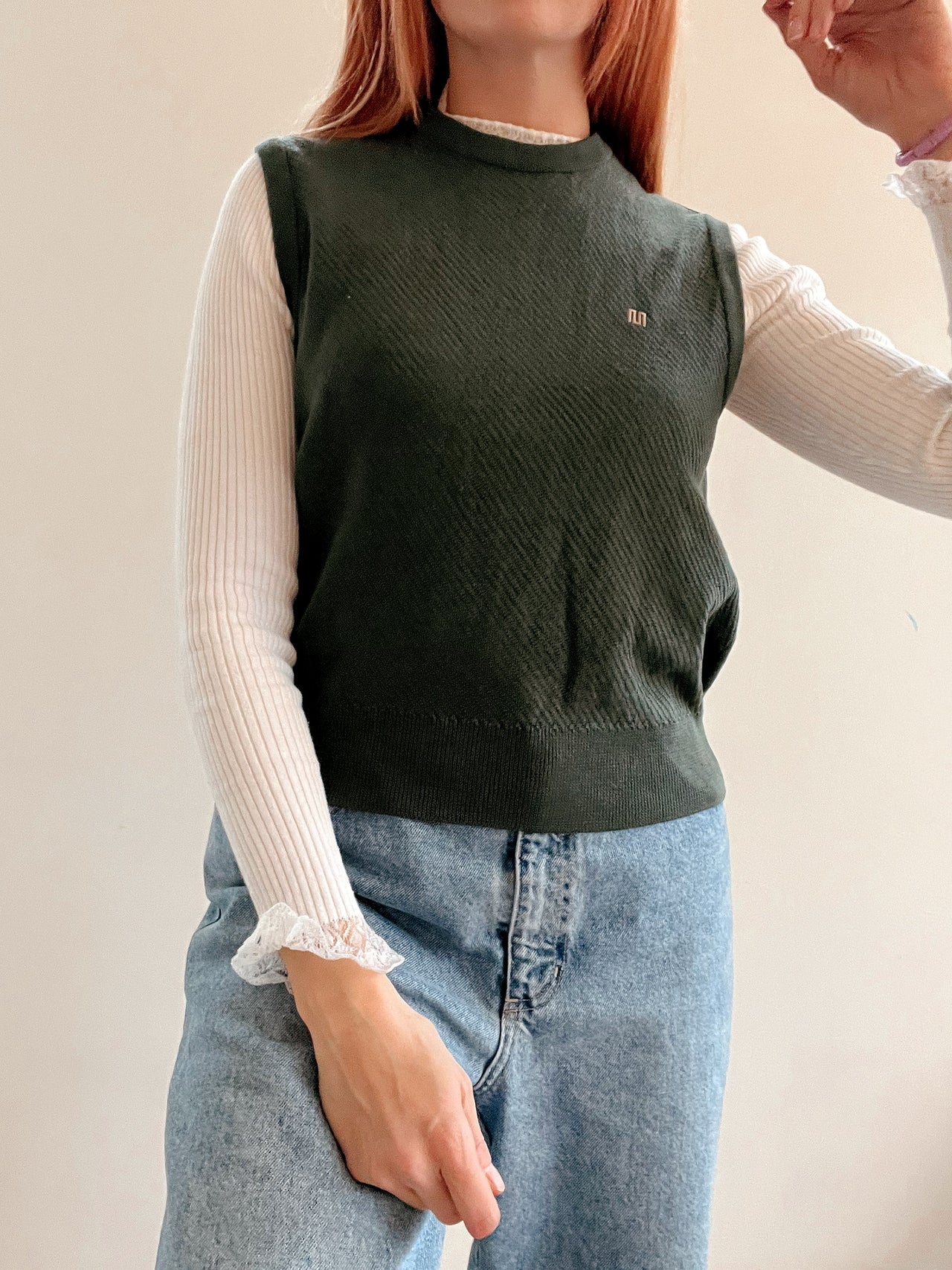 Black V-neck wool cardigan with pink/yellow pattern