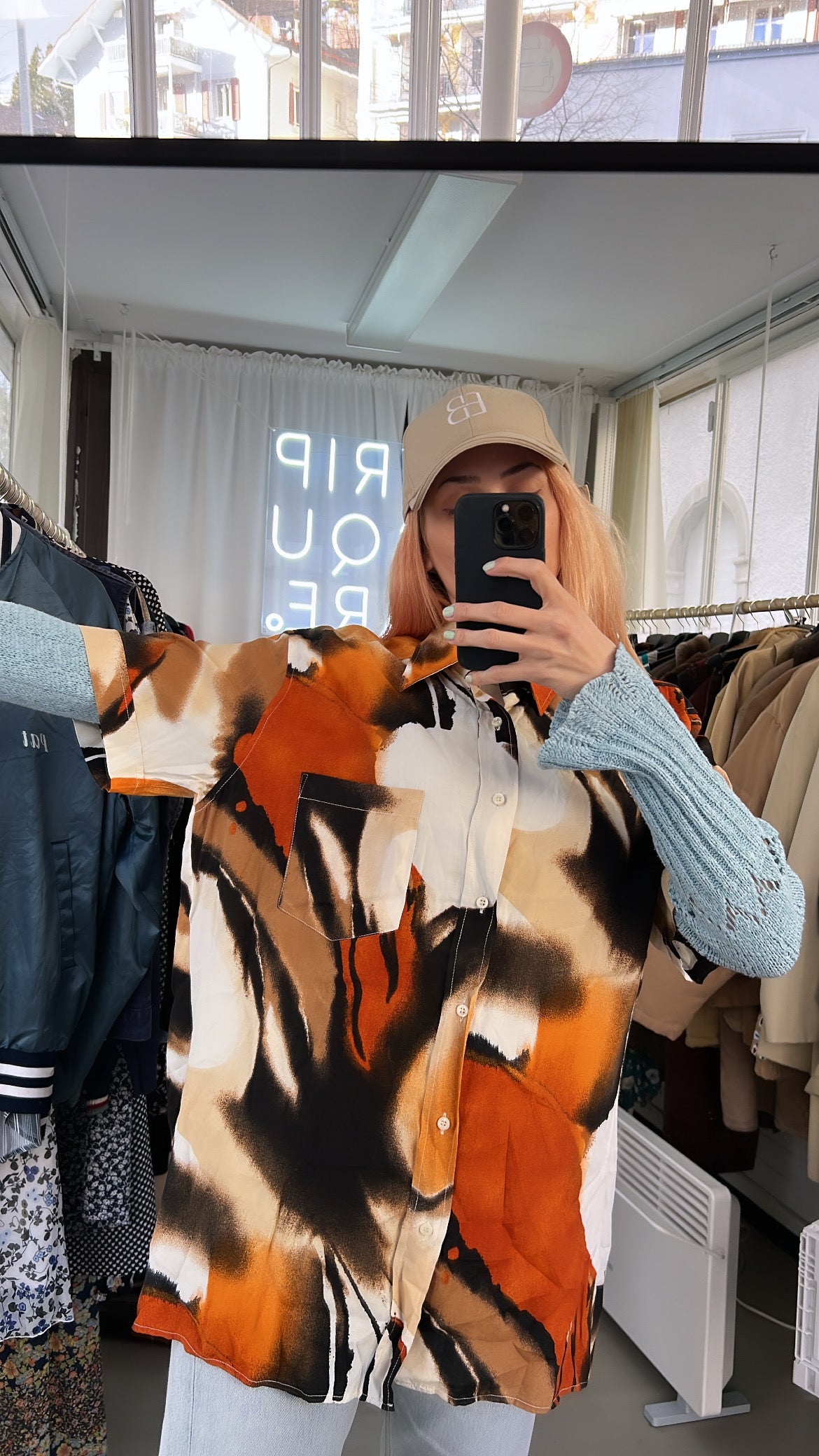 Black V-neck wool cardigan with pink/yellow pattern