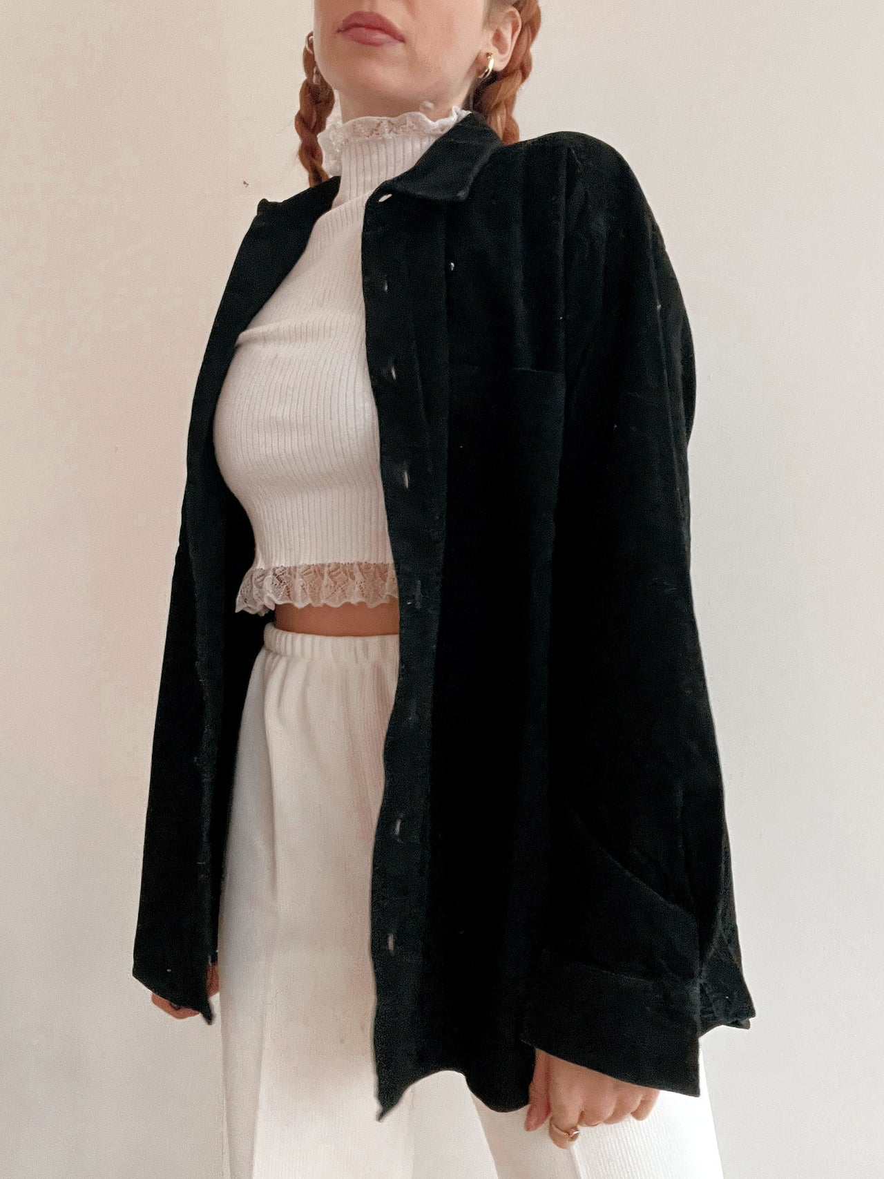 Chemise Vintage 80/90s noire en velours côtelé M