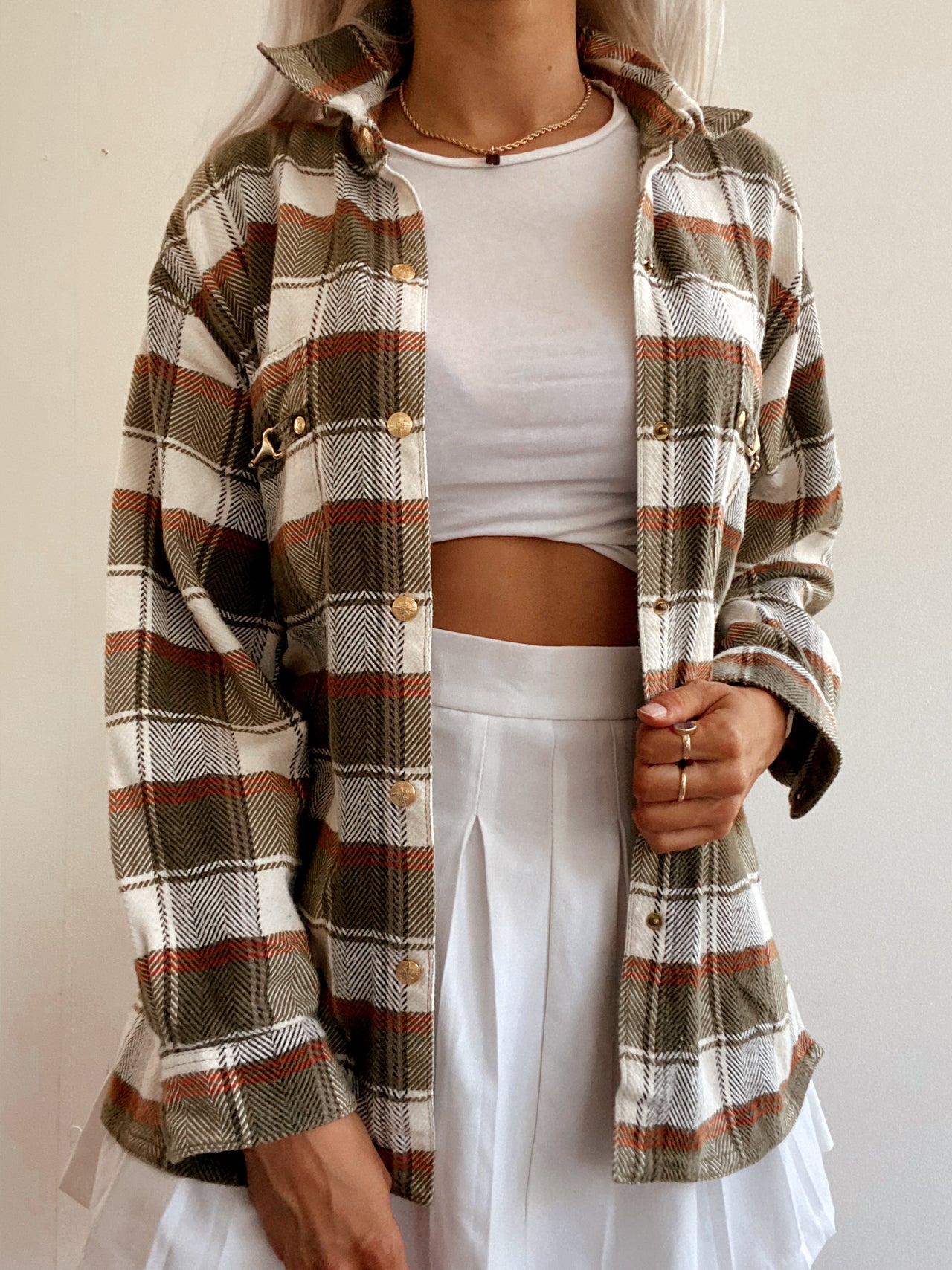 Chemise Vintage à carreaux khaki avec détails dorés