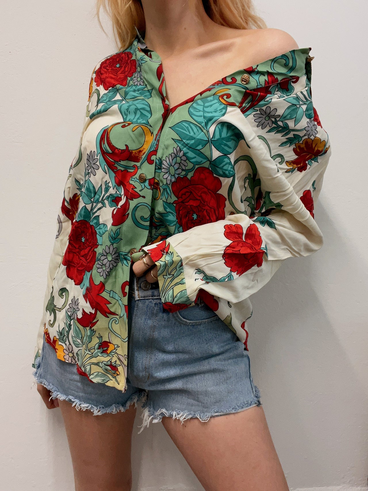 Chemise vintage 80’s 90’s beige à motifs verts L