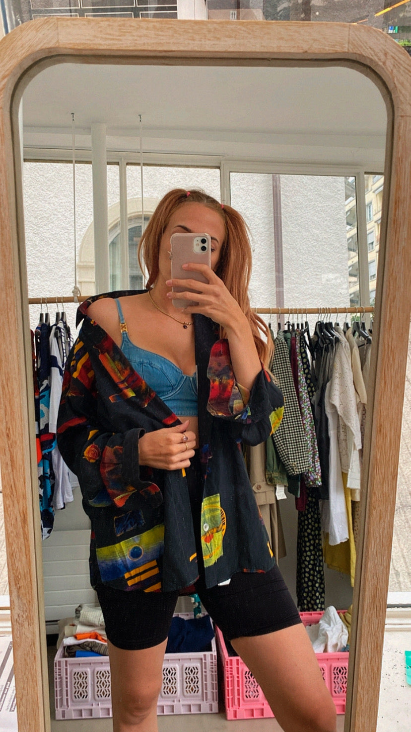 Chemise Vintage 80/90s noire à motifs L