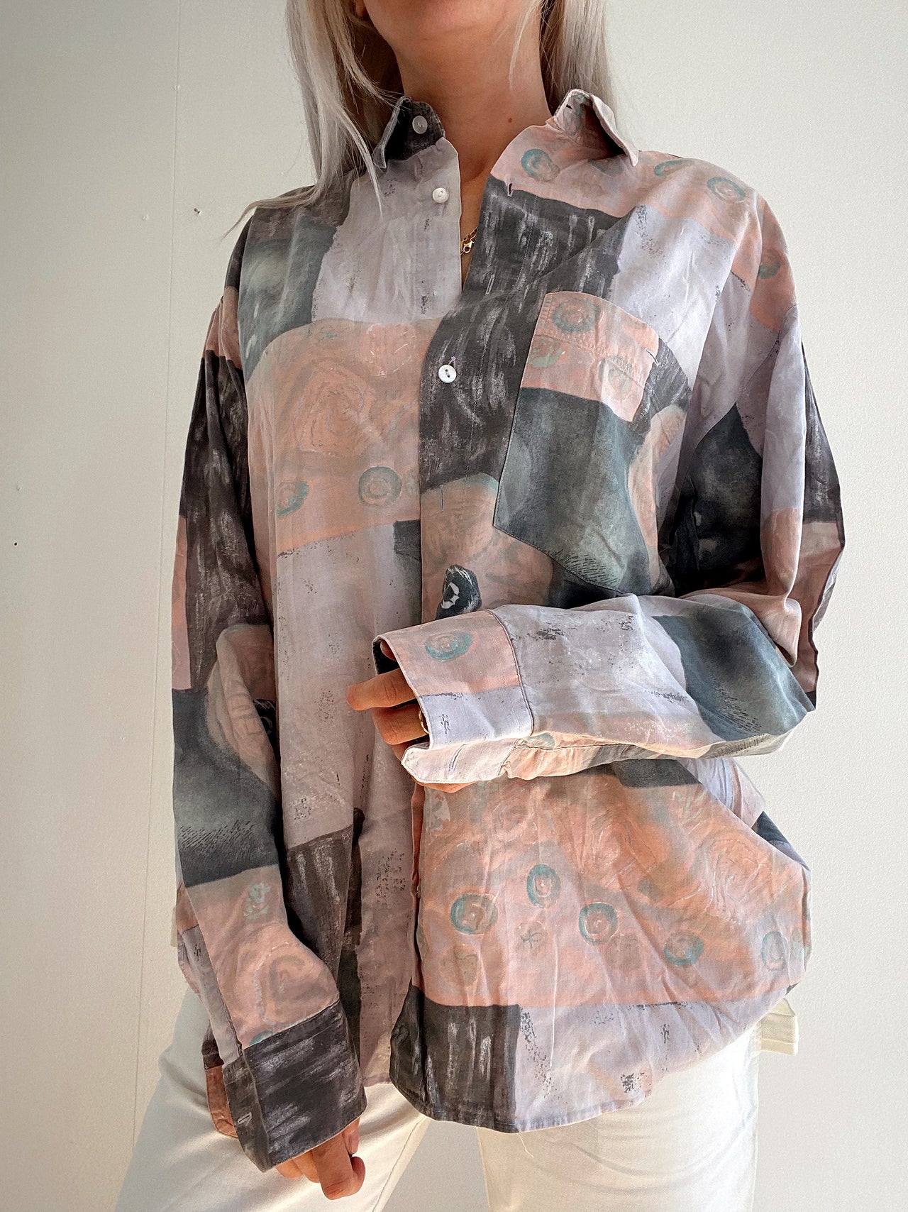 Chemise Vintage 80/90s mauve et pêche à motifs