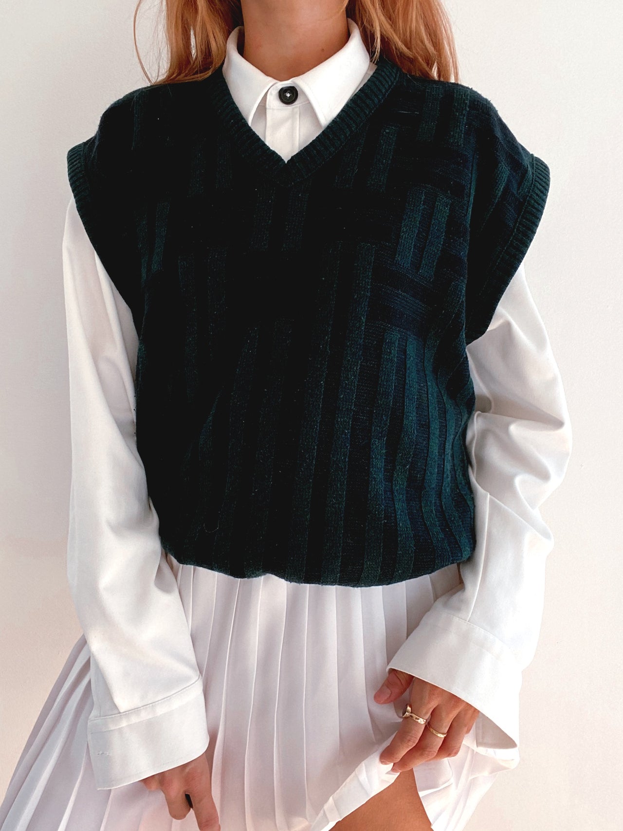 Black V-neck wool cardigan with pink/yellow pattern