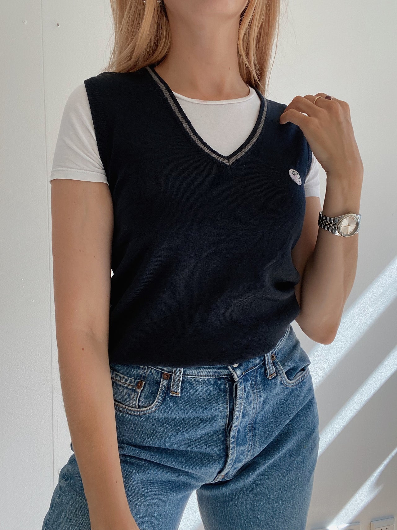 Black V-neck wool cardigan with pink/yellow pattern