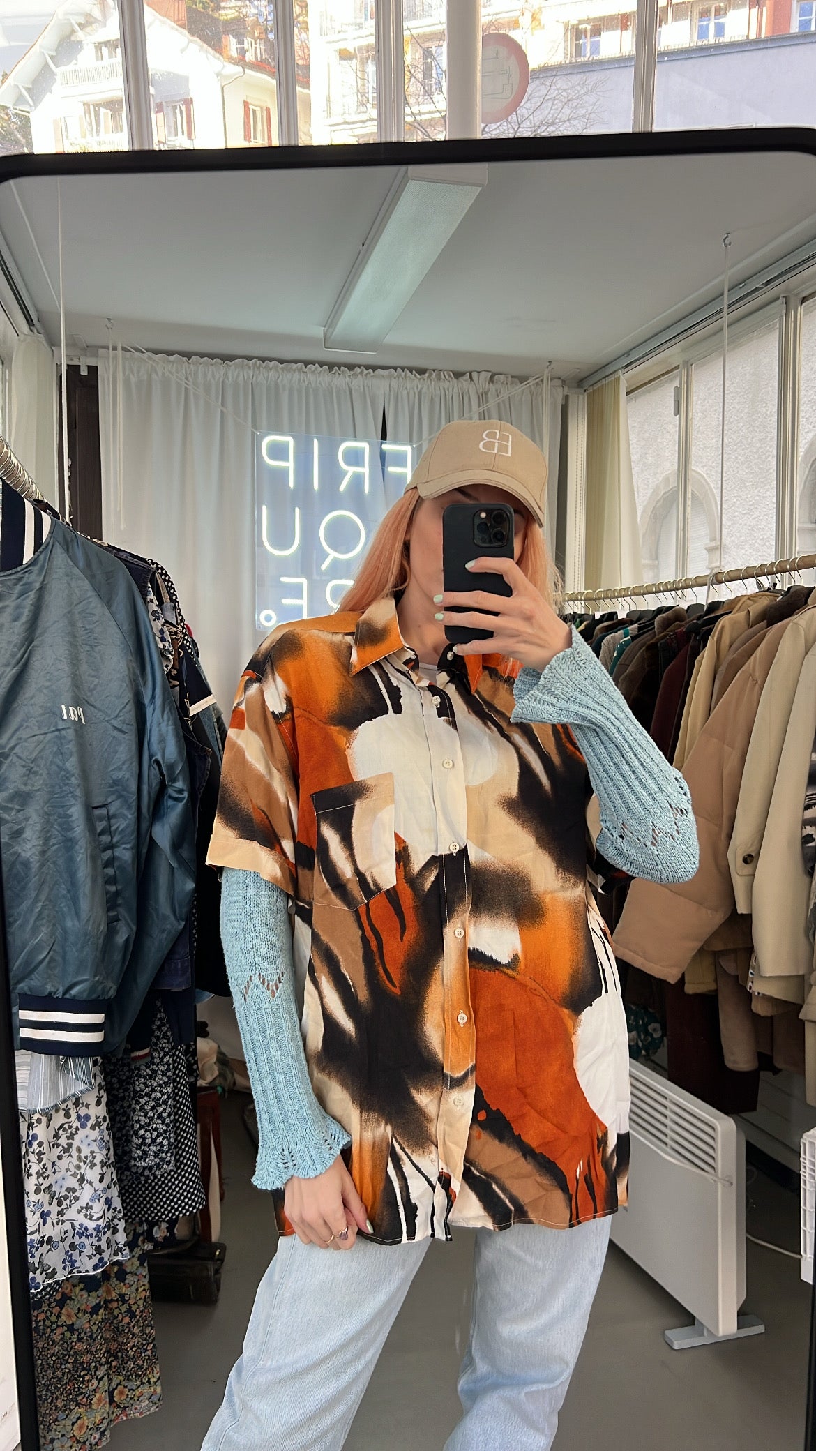 Black V-neck wool cardigan with pink/yellow pattern