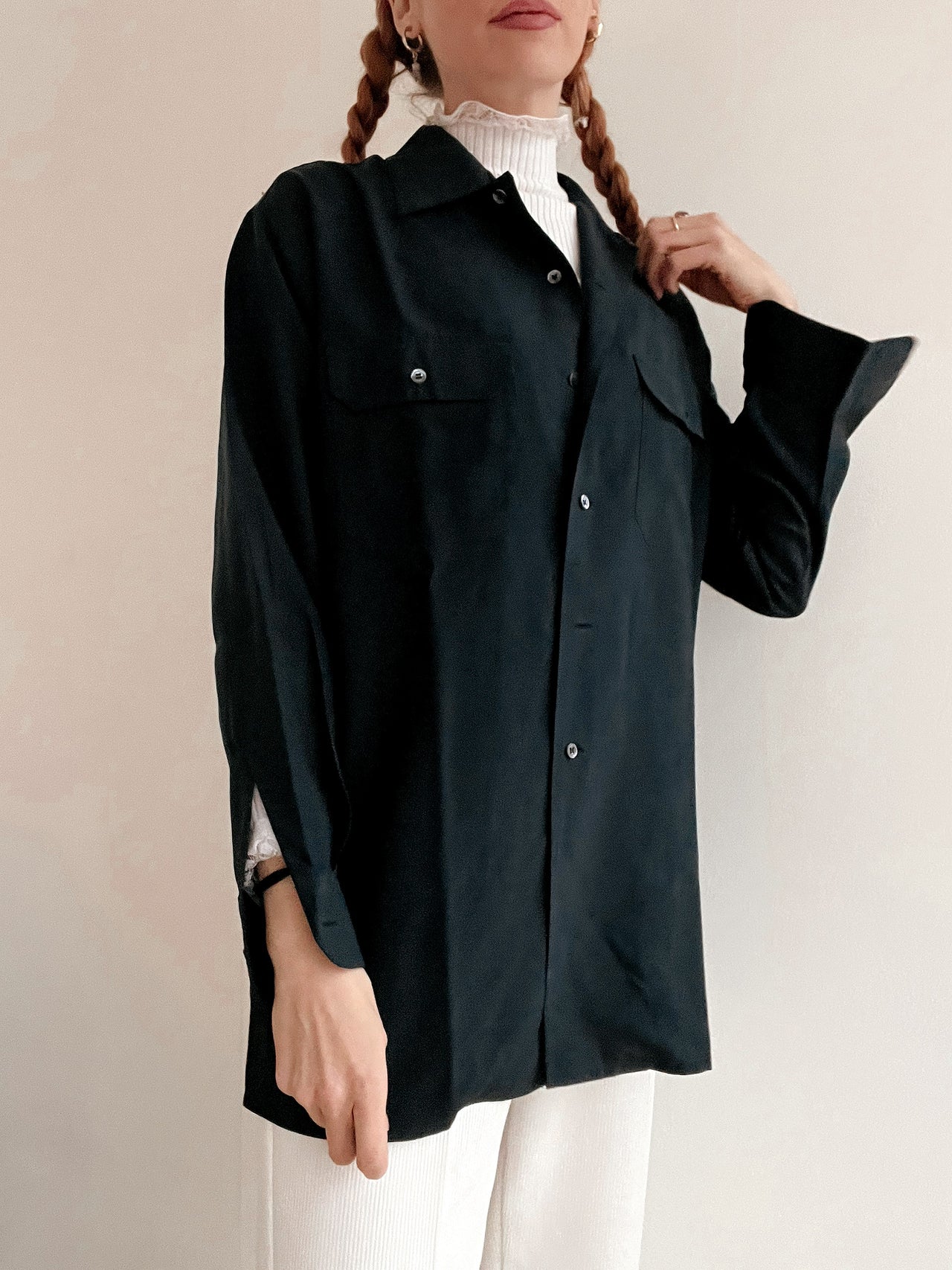 Chemise Vintage 80/90s noir/gris en soie M