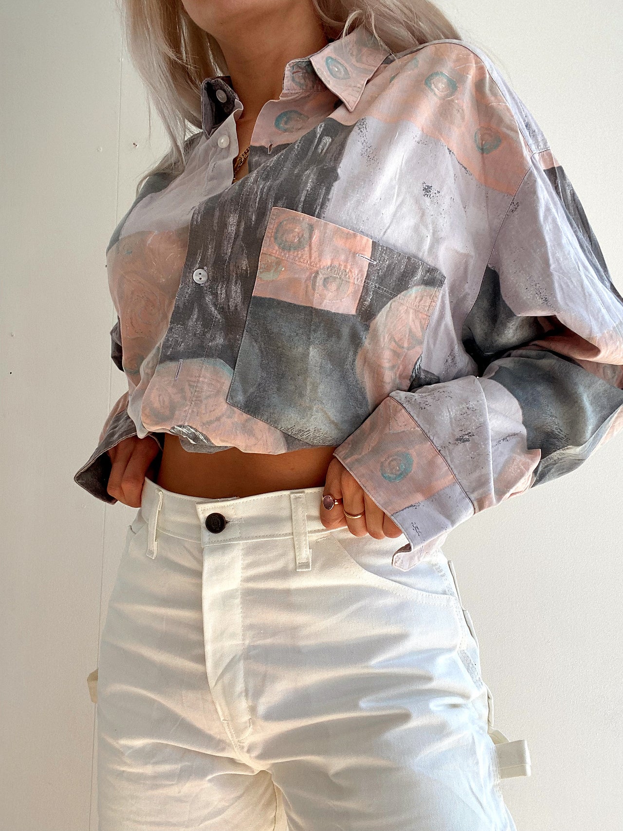 Chemise Vintage 80/90s mauve et pêche à motifs