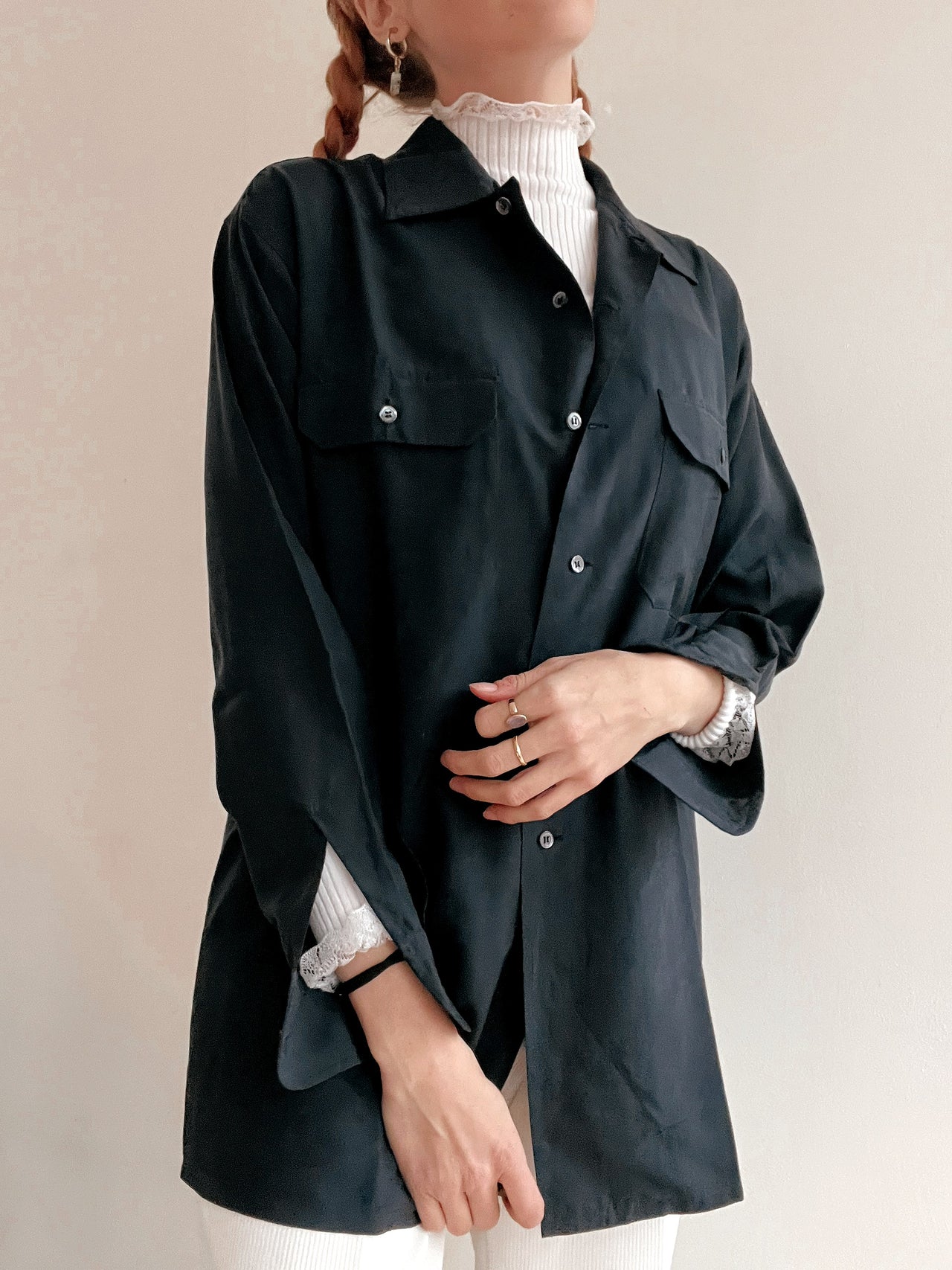 Chemise Vintage 80/90s noir/gris en soie M