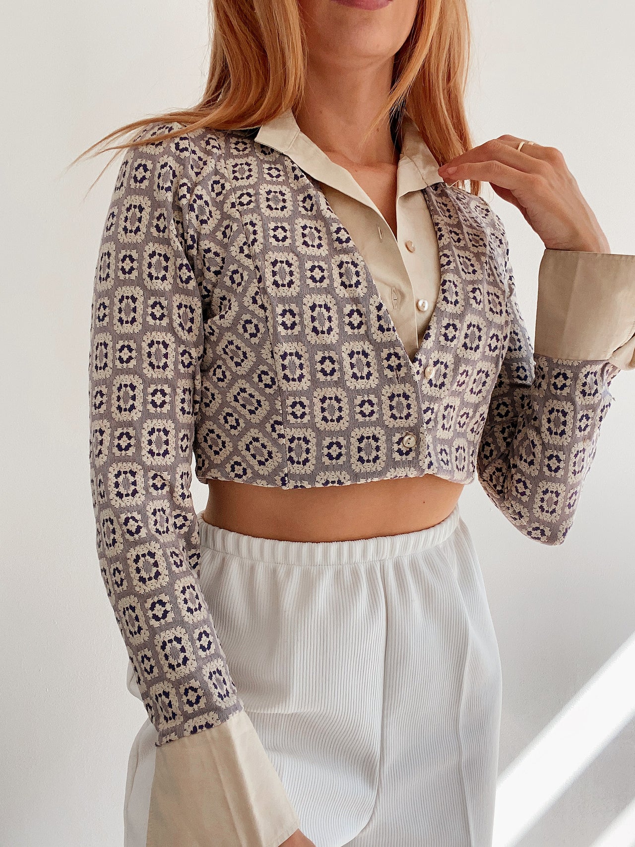 Chemise Vintage 70s beige et violette S