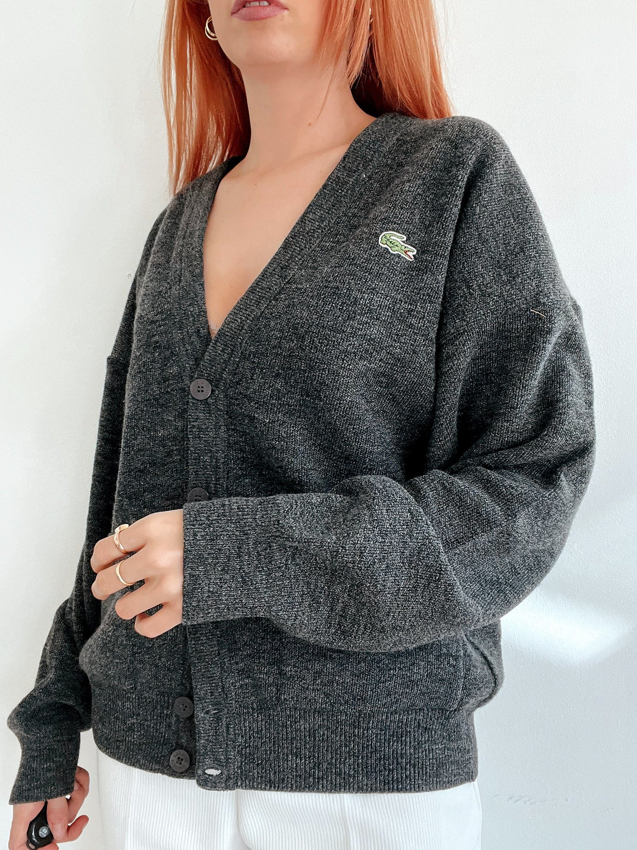 Vintage dunkelgraue Lacoste-Strickjacke L