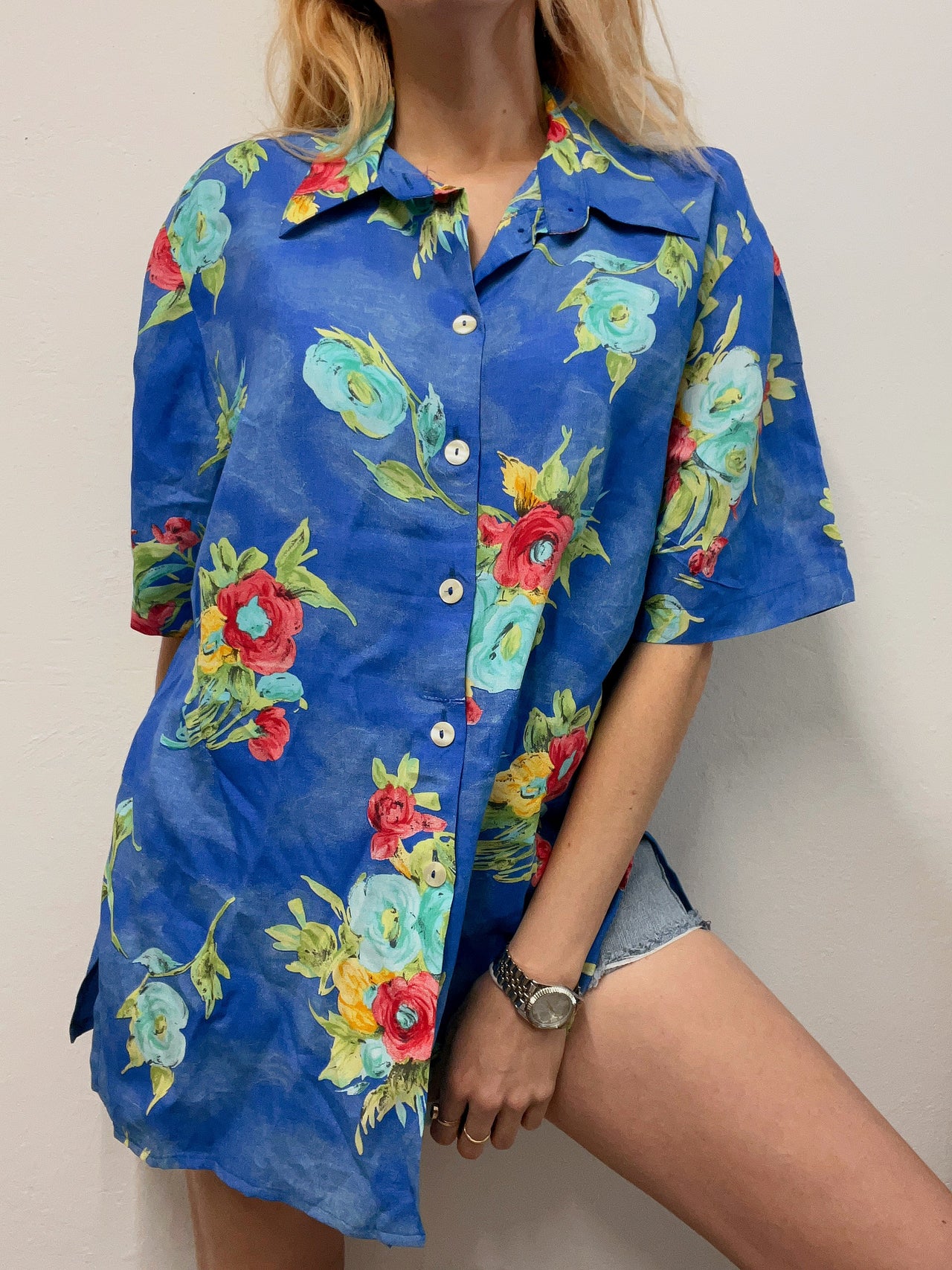 Chemise vintage 80’s 90’s bleue à motifs M