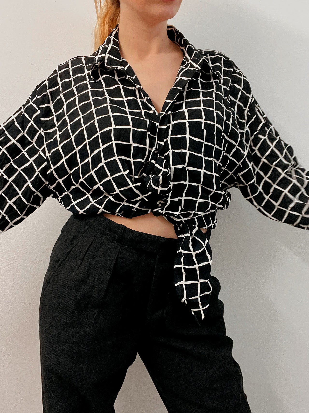 Black V-neck wool cardigan with pink/yellow pattern