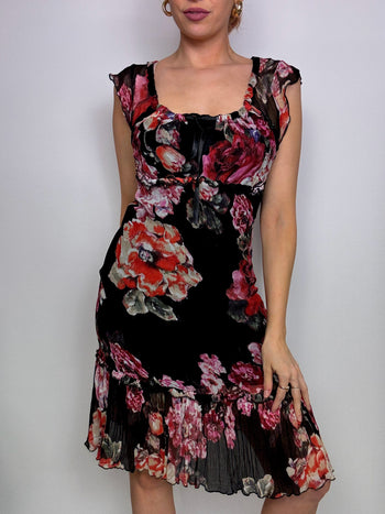 Vintage floral black transparent midi dress