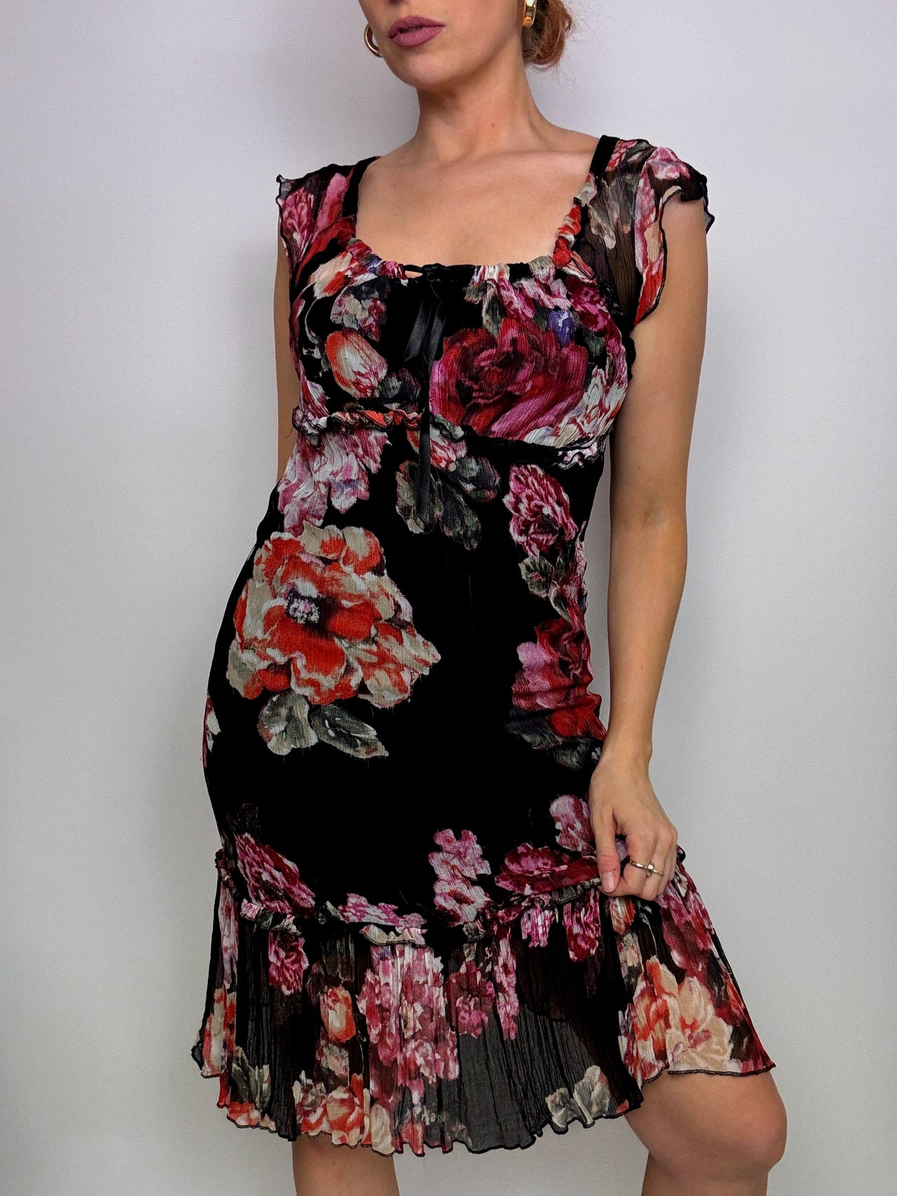 Vintage floral black transparent midi dress