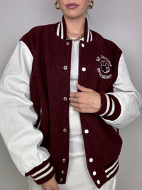 Burgundy and white bomber jacket with vintage leather sleeves