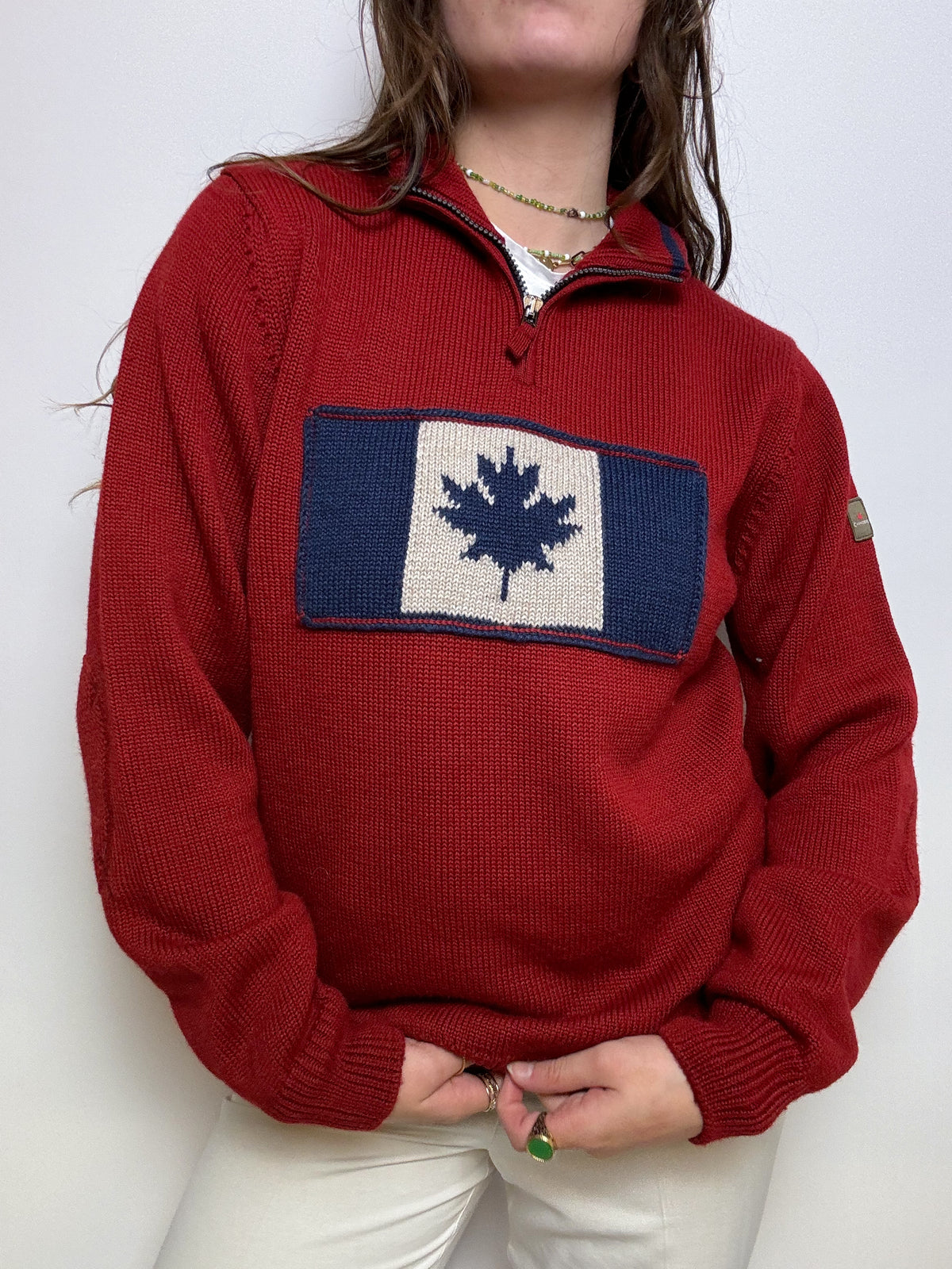 Red wool sweater with vintage zip M/L 