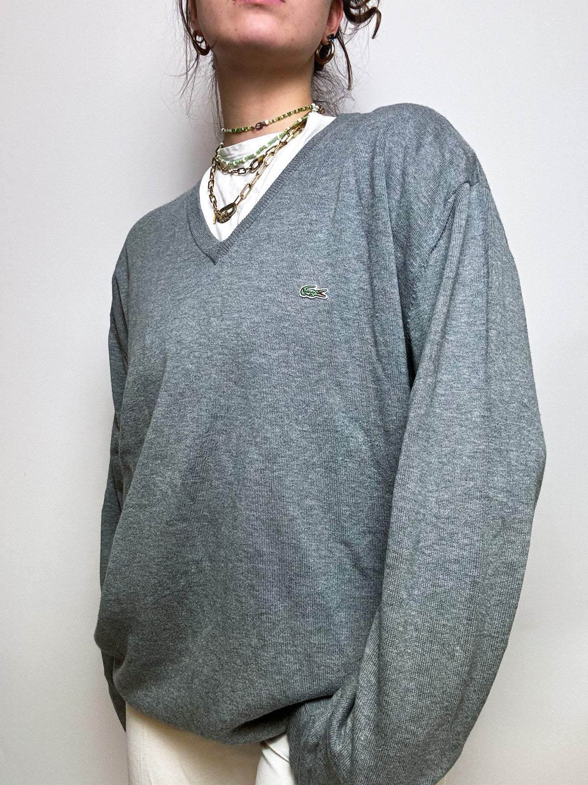 Gray V-neck sweater Lacoste vintage M/L