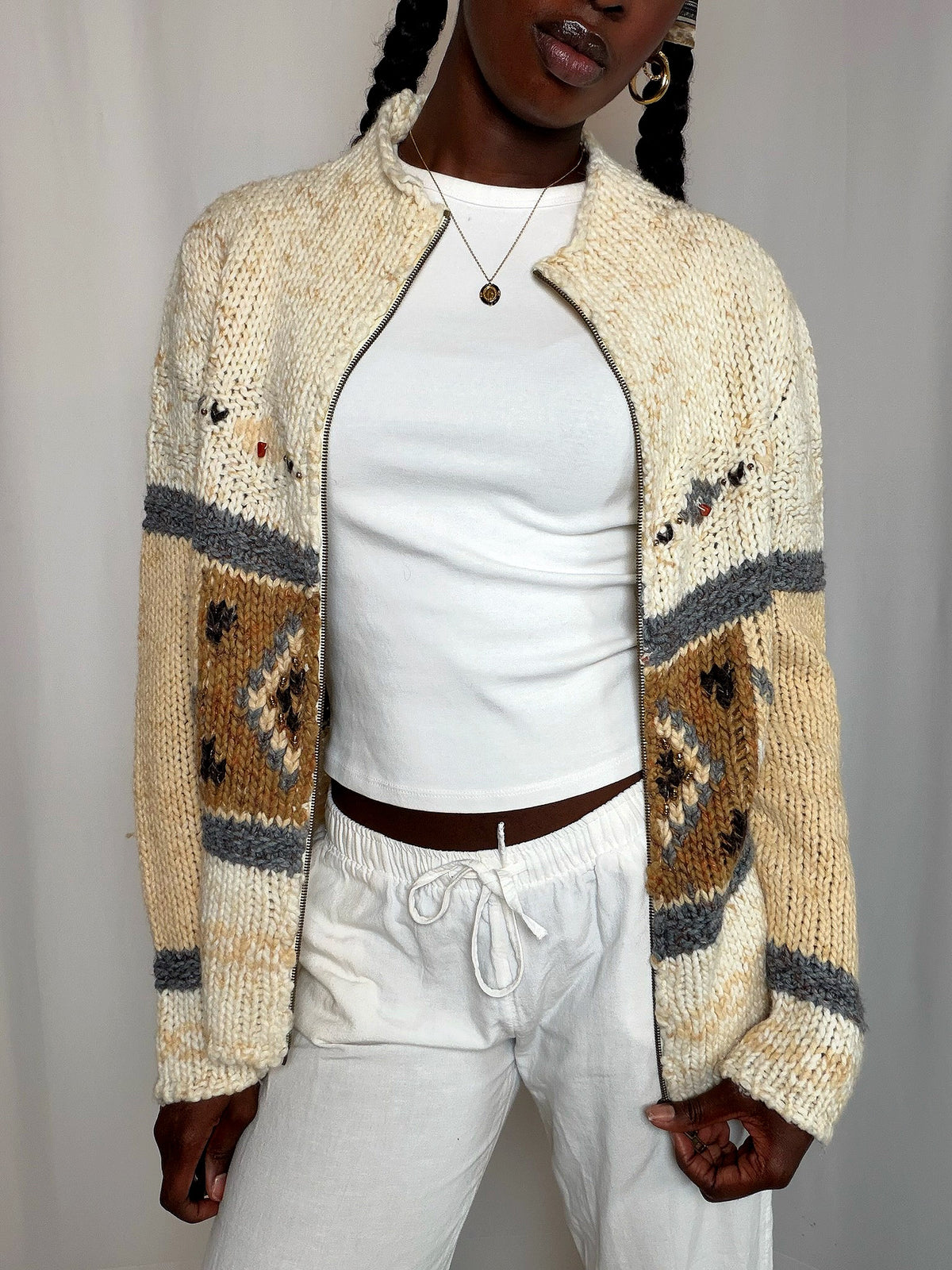 Cardigan à zip ecru à motifs S/M vintage