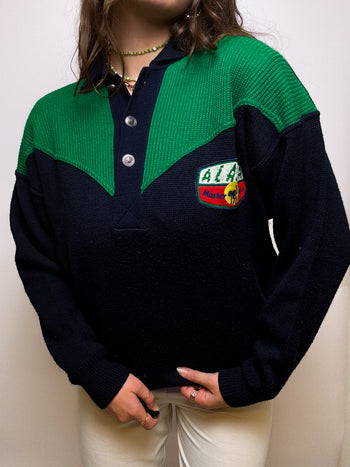 Black and green wool sweater with vintage collar M/L