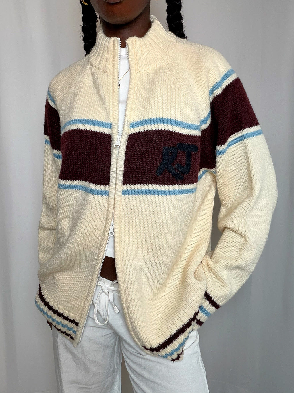 Cardigan à zip Ecru bordeaux et bleu Rifle XL vintage