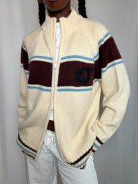 Cardigan à zip Ecru bordeaux et bleu Rifle XL vintage