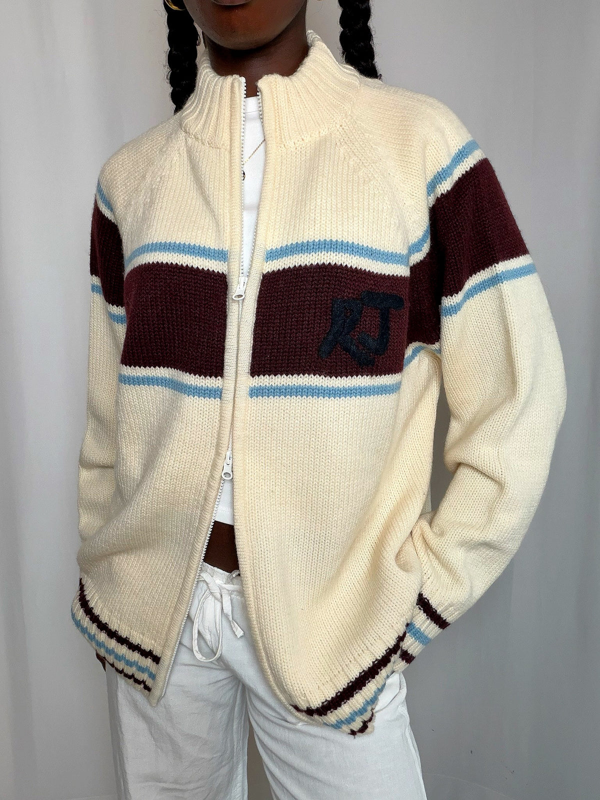 Cardigan à zip Ecru bordeaux et bleu Rifle XL vintage