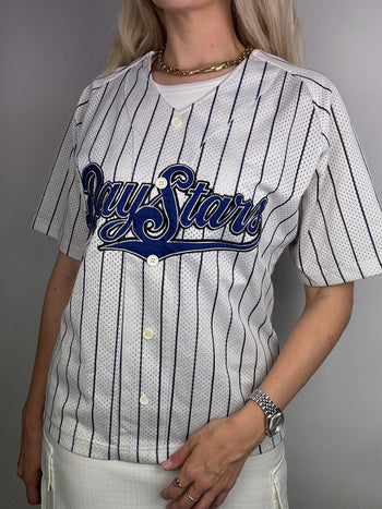 White and blue striped baseball jersey