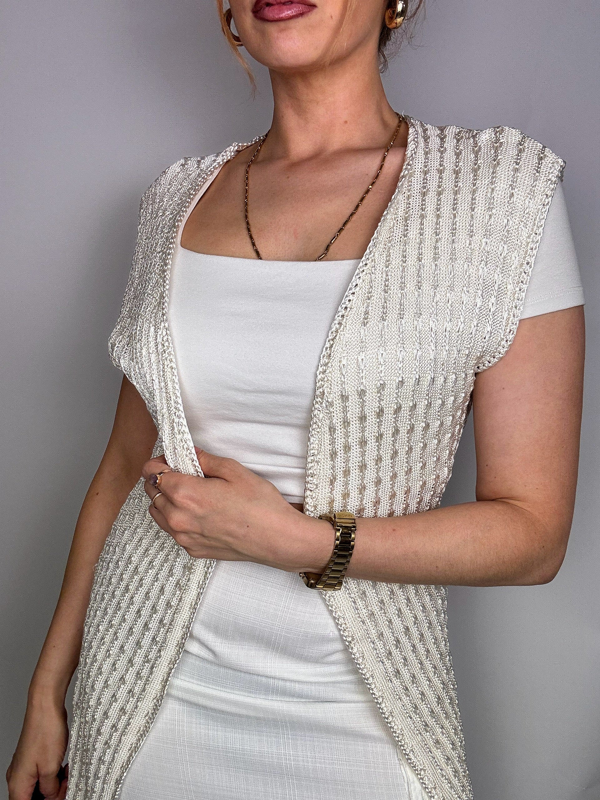 Gilet sans manche blanc cassé en crochet vintage