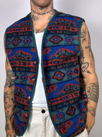 Gilet à motifs bleu/vert/rouge à boutons