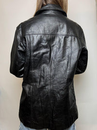 Veste en cuir mi-longue vintage noire M