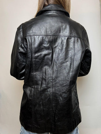 Veste en cuir mi-longue vintage noire M