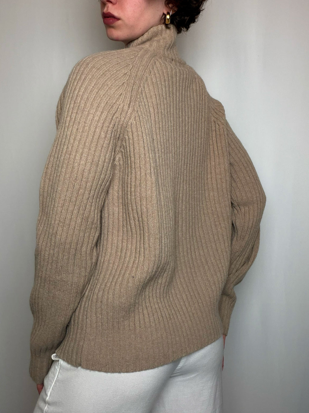 Cardigan à zip en laine Beige L vintage