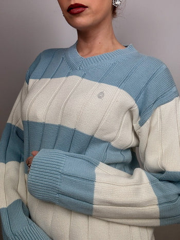 Pull en maille bleu/ blanc Vintage