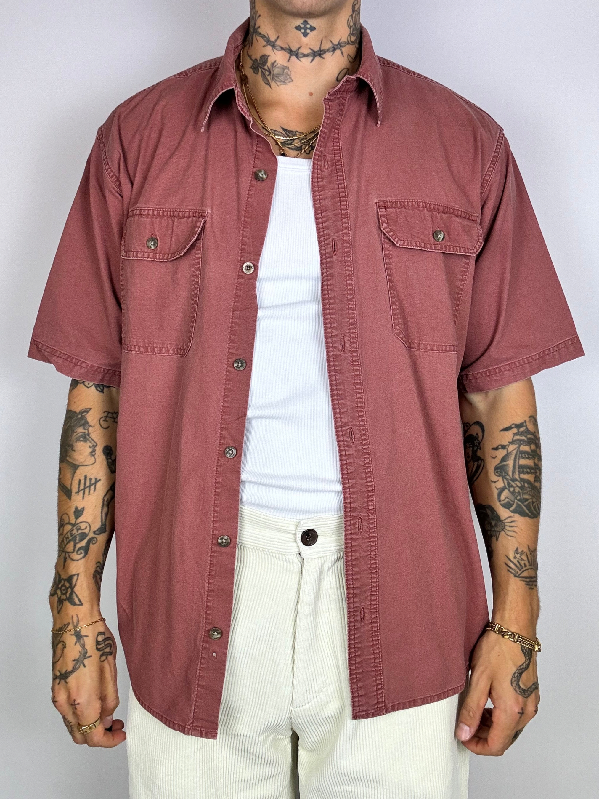 Chemise manche courte denim rouge délavé
